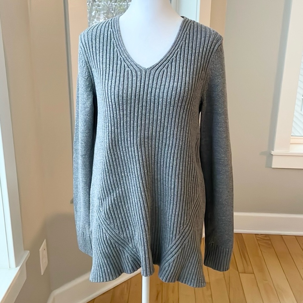 Ann Taylor Charcoal Gray Ribbed Heavyweight Cotton V Neck Tunic Sweater Sz S